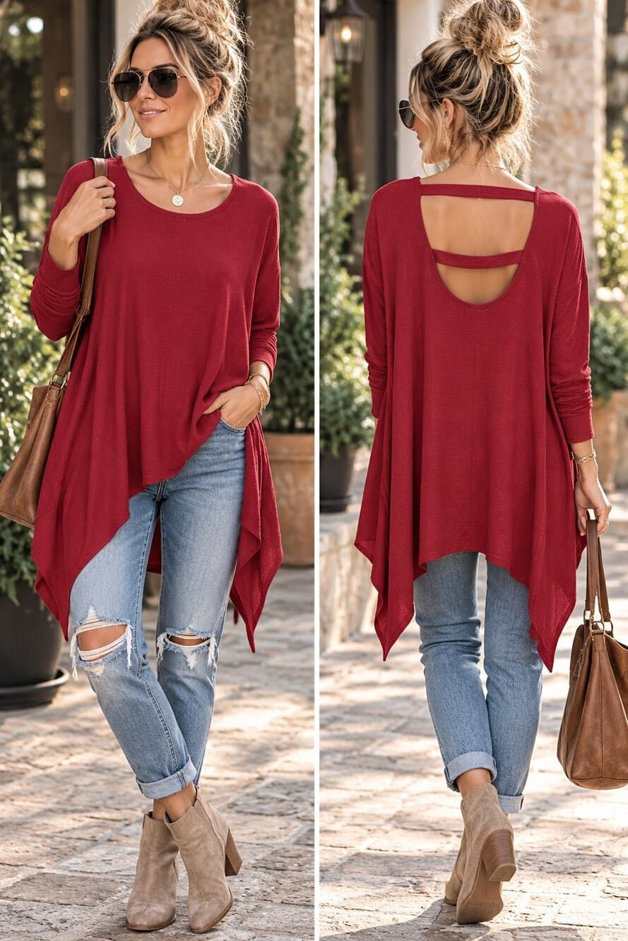 Tulip B Burgundy Open Back Handkerchief Hem Tunic Top Small Oversized Boho
